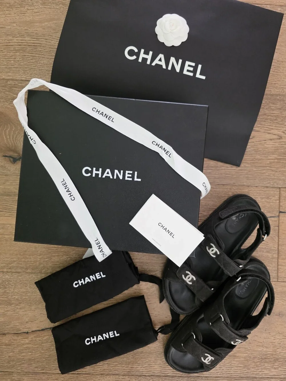 CHANEL Black Mixed Fibers CC-Strap Dad Sandals